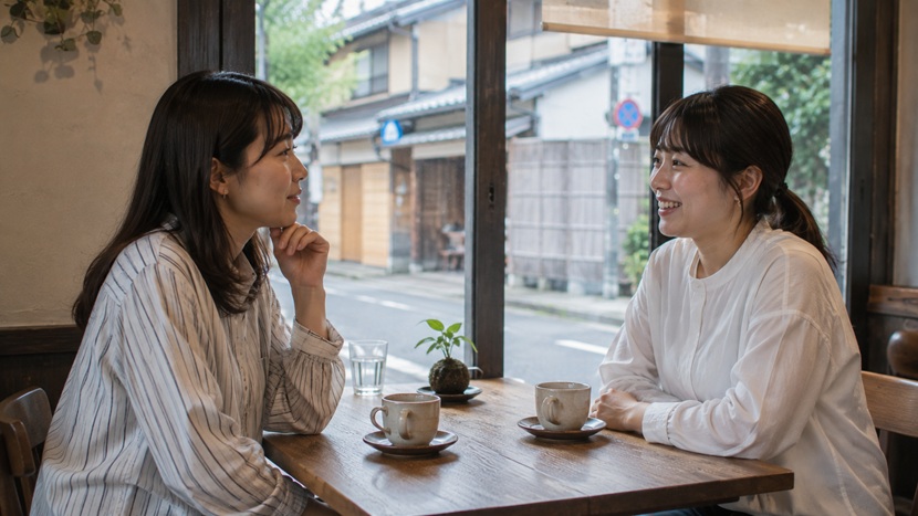 京都のカフェで日常的な京都弁を話す若い女性二人