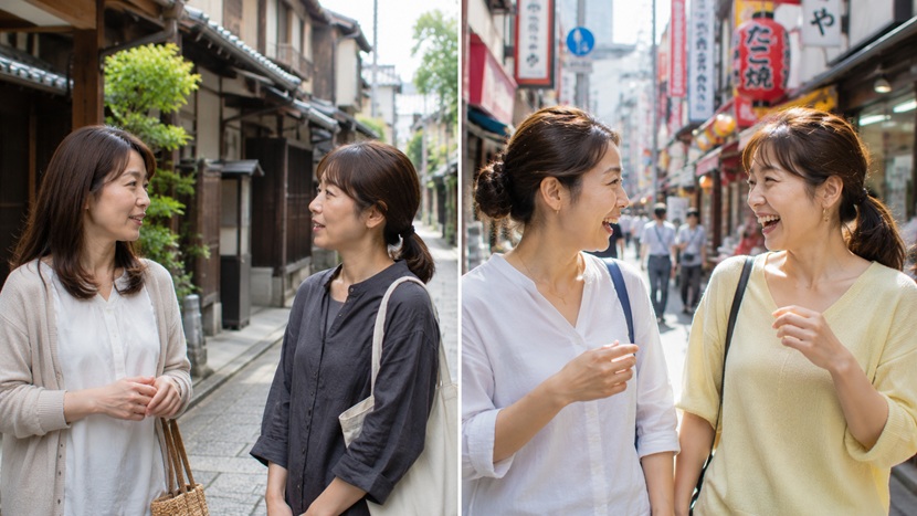 京都と大阪で日常会話をする女性を比較した風景