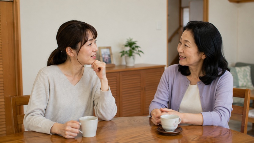 京都の家庭で日常的な京都弁を話す母親と娘