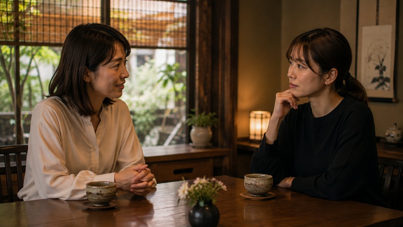 京都の和風カフェで穏やかに会話する女性二人