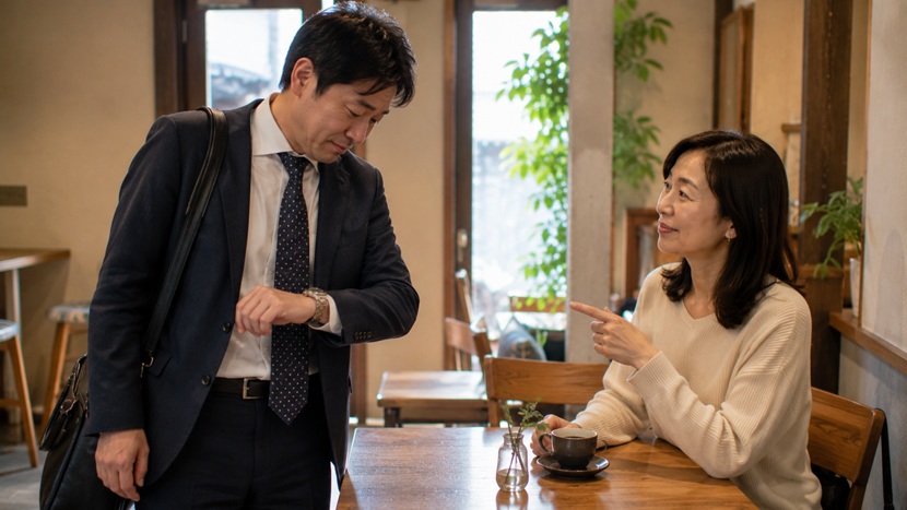 遅刻した男性の腕時計を見ながら穏やかに話す京都の女性