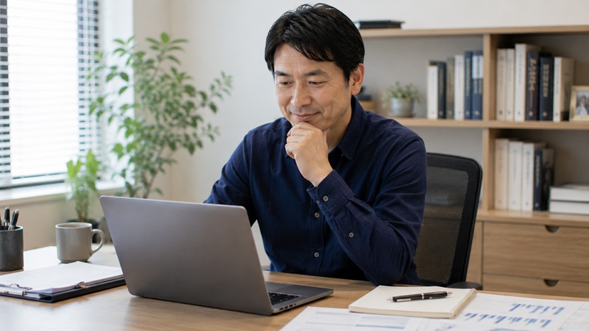完成した仕事の出来栄えに満足して悦に入っている日本人男性