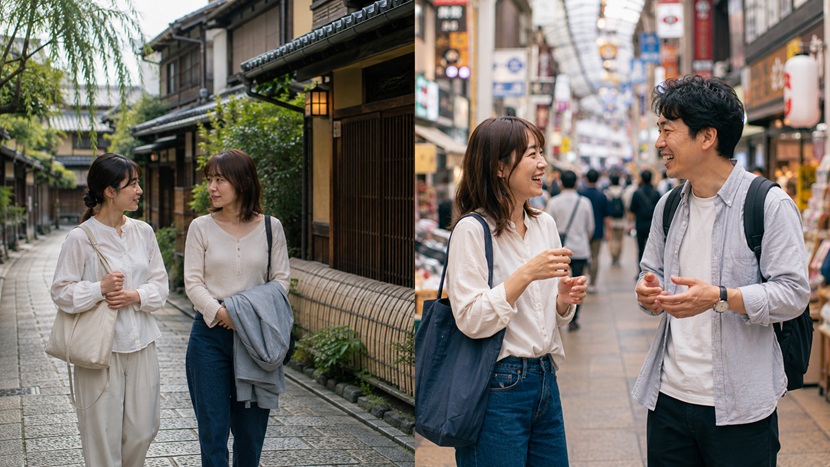 京都の町並みと大阪の商店街で会話する人々の比較