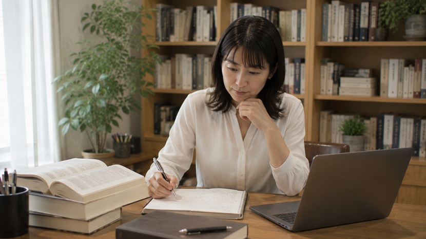 辞書で「悦に入る」と「悦に浸る」の違いを確認する日本人女性