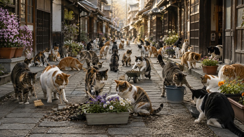 町を良くする活動に参加する猫が増えていく様子