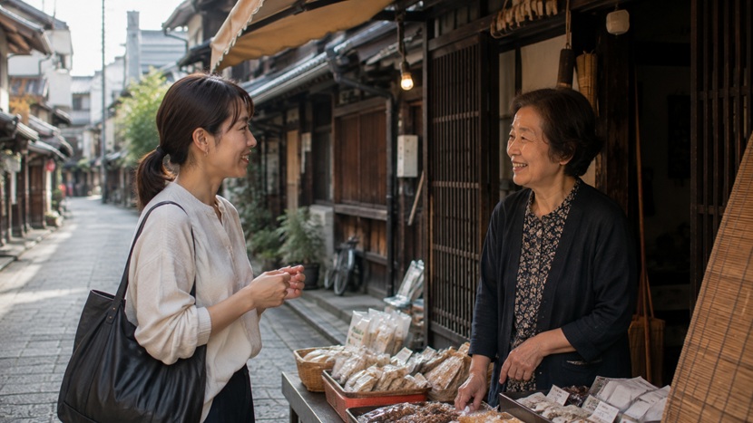 京都の商店街で京都弁の日常会話をする女性