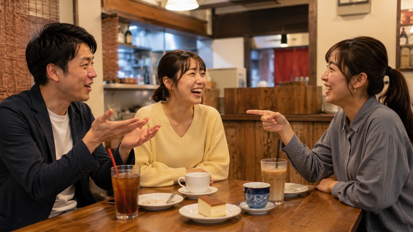 大阪弁で笑いながらツッコミを交わす友人同士