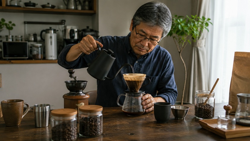 豆の挽き方やお湯の注ぎ方を変えながらコーヒーを淹れる男性