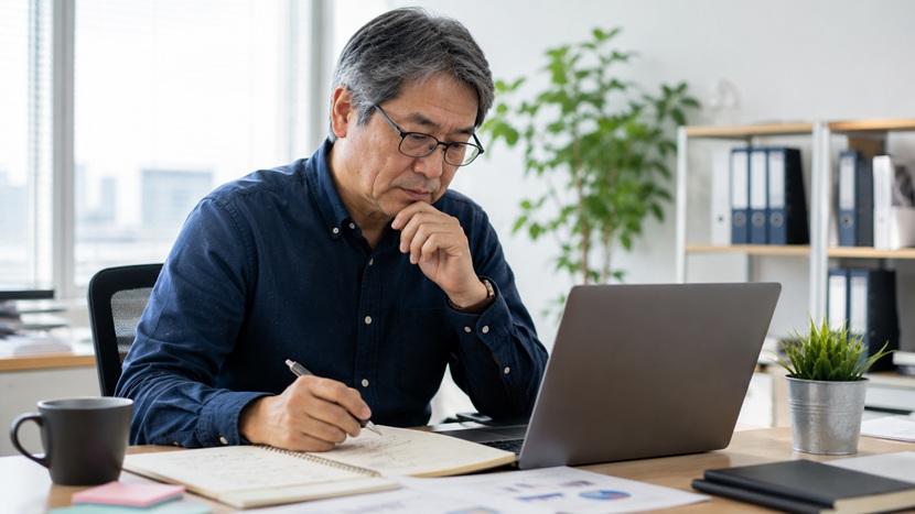資料の構成や内容を変えながらパソコンで試行錯誤する男性