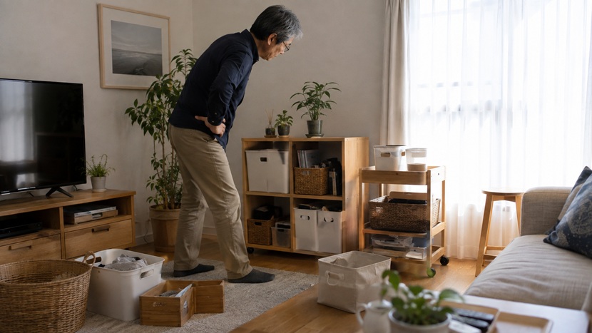 家具や収納の位置を変えながら使いやすい部屋を試行錯誤する男性