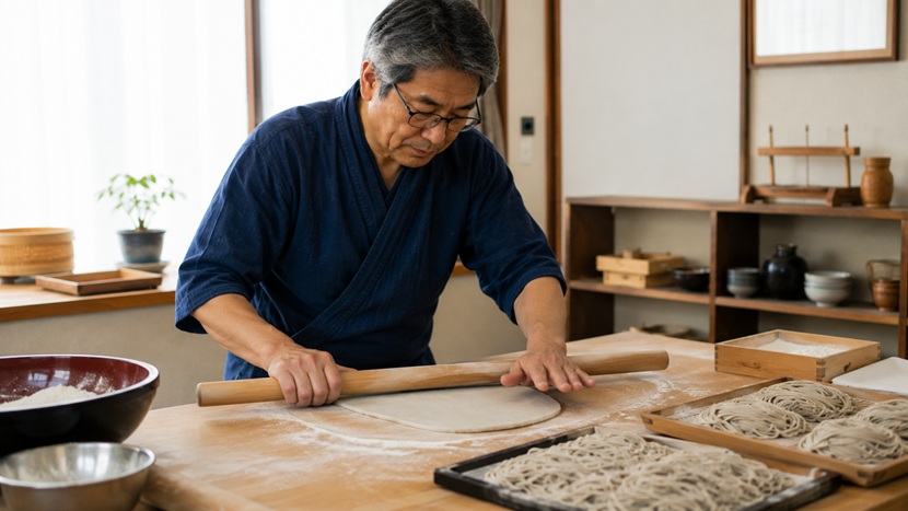 水分量やこね方を変えながらそば打ちで試行錯誤を重ねる男性