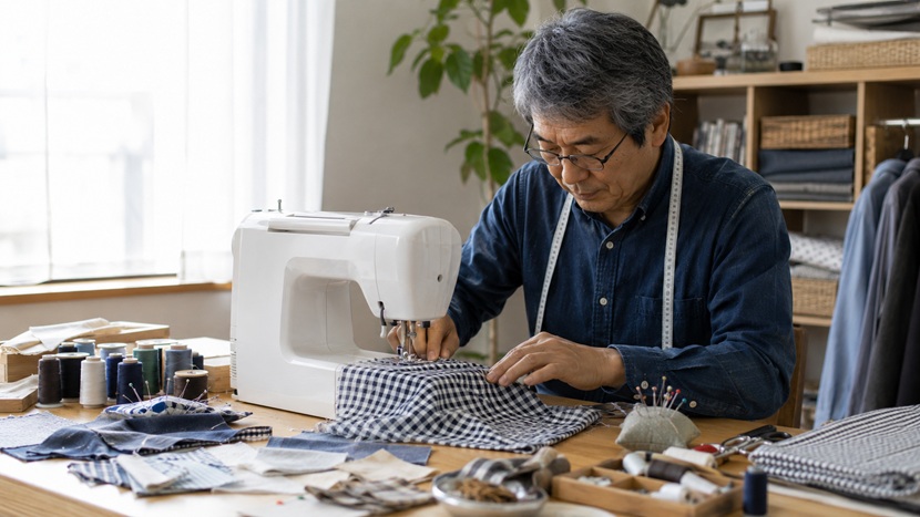 布の縫い方や仕上げ方を変えながらミシンで試行錯誤する男性