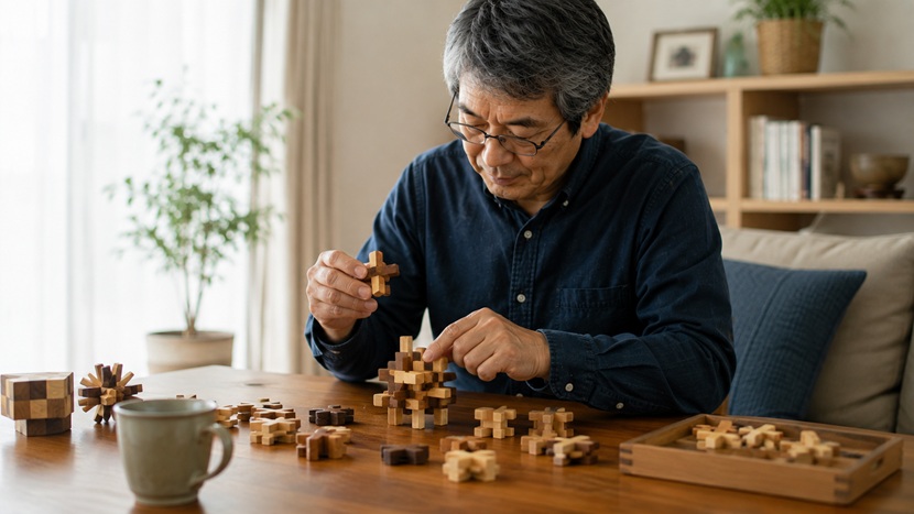 木製パズルの組み合わせを何度も試しながら答えを探す男性