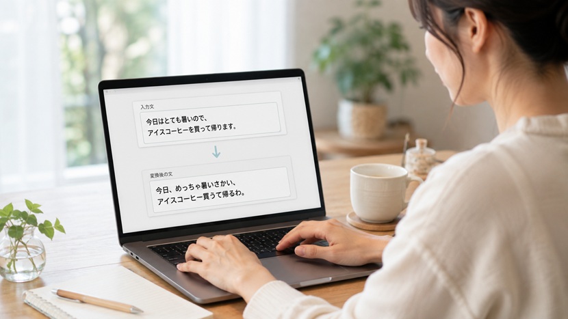 パソコンで関西弁変換サイトを利用しているイメージ