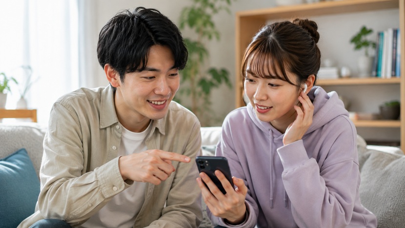 スマホで関西弁の音声や発音を確認しているイメージ