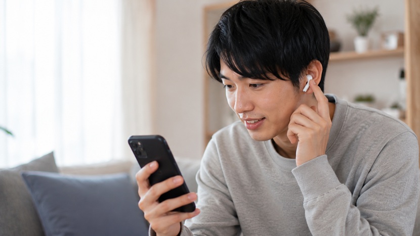 スマートフォンの音声で関西弁のイントネーションを確認する様子