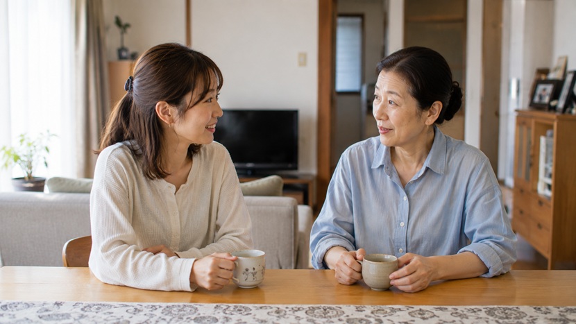 京都の家庭で「はる」を使った日常会話をする女性
