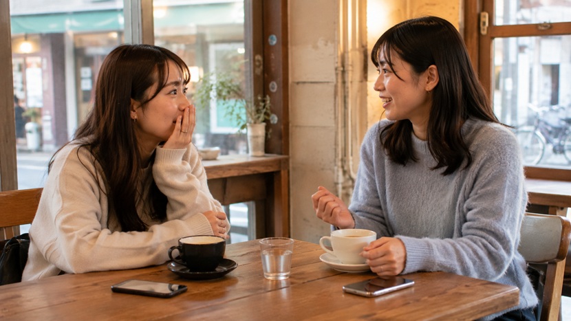 カフェで関西弁の日常会話をする女性