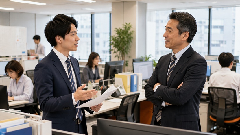 関西の職場で上司と敬語を使って会話する会社員