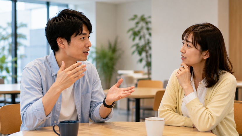 関西弁と標準語の敬語の違いについて会話する男女