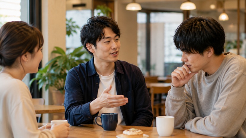 関西弁で自然に会話する男性と友人