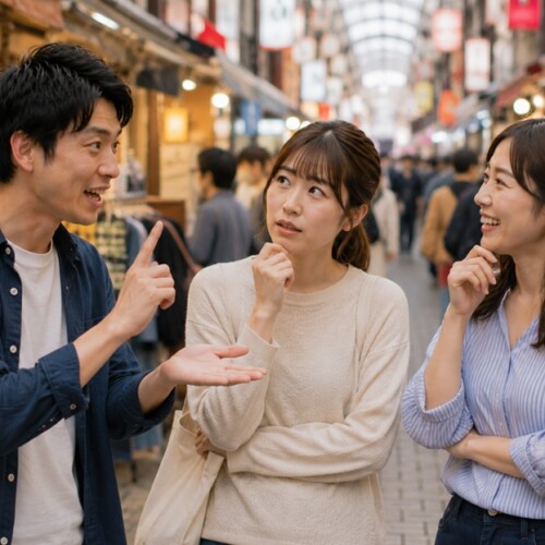 大阪弁クイズの答えを考えながら会話する男女