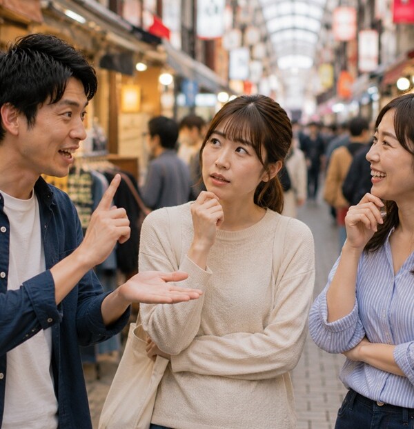 大阪弁クイズの答えを考えながら会話する男女