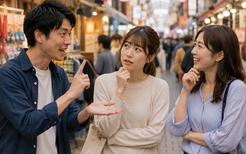 大阪弁クイズの答えを考えながら会話する男女
