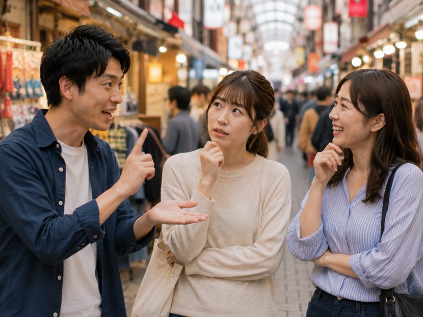 大阪弁クイズの答えを考えながら会話する男女