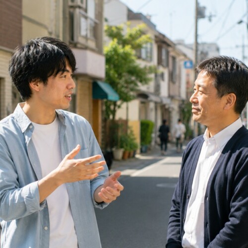 関西弁の敬語を使って年上の人と会話する様子