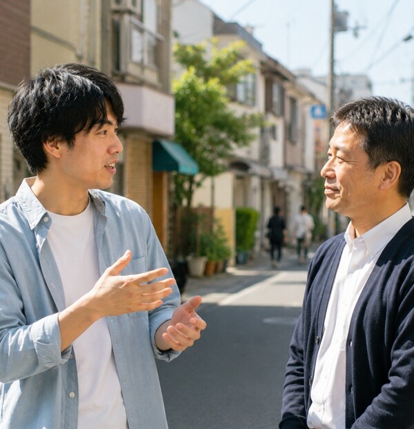 関西弁の敬語を使って年上の人と会話する様子