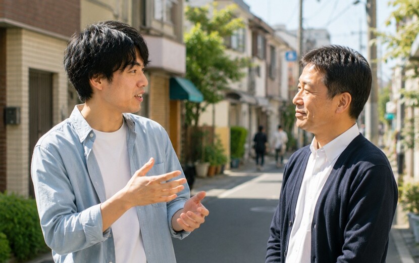 関西弁の敬語を使って年上の人と会話する様子