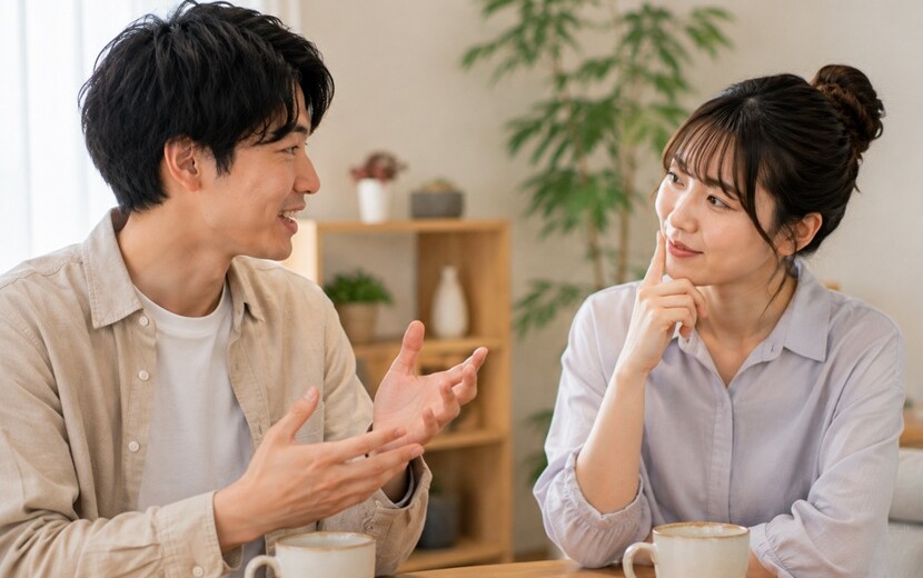 関西弁のイントネーションクイズをイメージした男女の会話