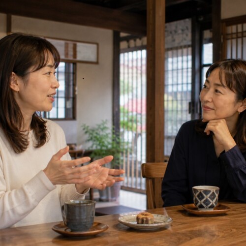 京都の町家風カフェで京都弁の日常会話をする女性二人