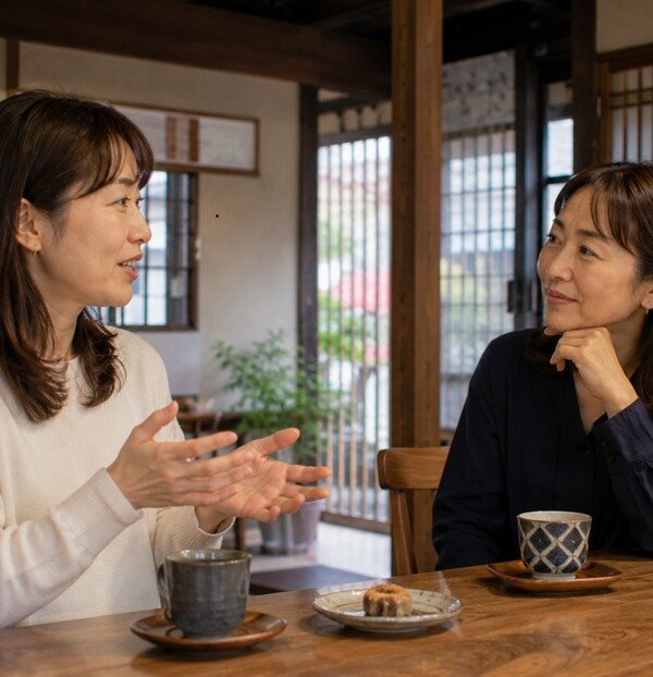 京都の町家風カフェで京都弁の日常会話をする女性二人