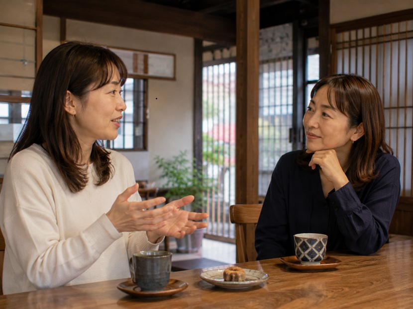 京都の町家風カフェで京都弁の日常会話をする女性二人