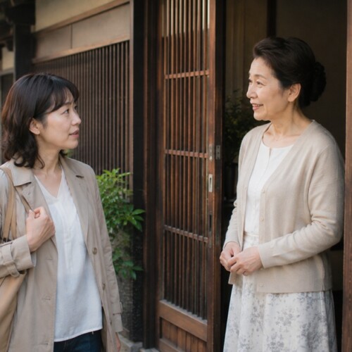 京都の町家で丁寧な京都弁を交わす女性二人