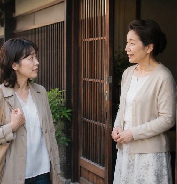 京都の町家で丁寧な京都弁を交わす女性二人