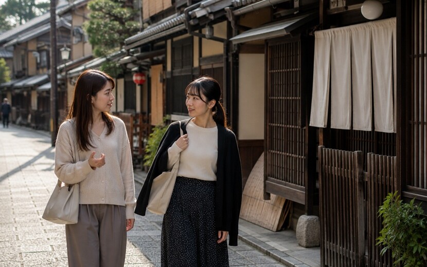 京都の町家が並ぶ通りで京都弁を話す女性二人