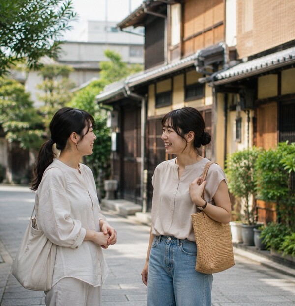 京都の町並みで京都弁の日常会話をする女性二人