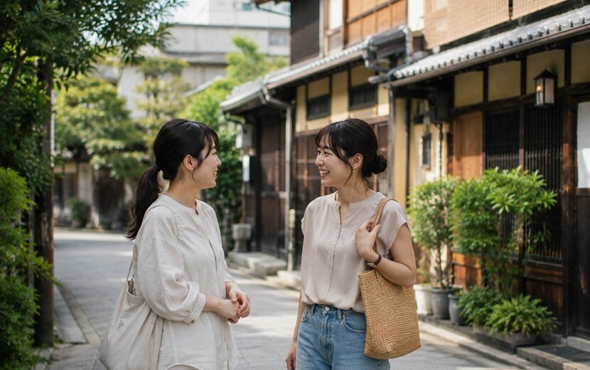 京都の町並みで京都弁の日常会話をする女性二人