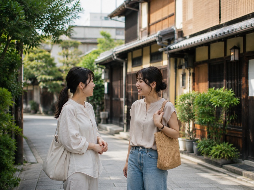 京都の町並みで京都弁の日常会話をする女性二人