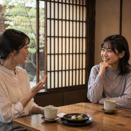 標準語を京都弁に変換して会話する女性のイメージ