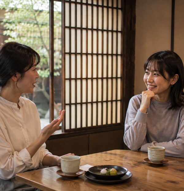 標準語を京都弁に変換して会話する女性のイメージ