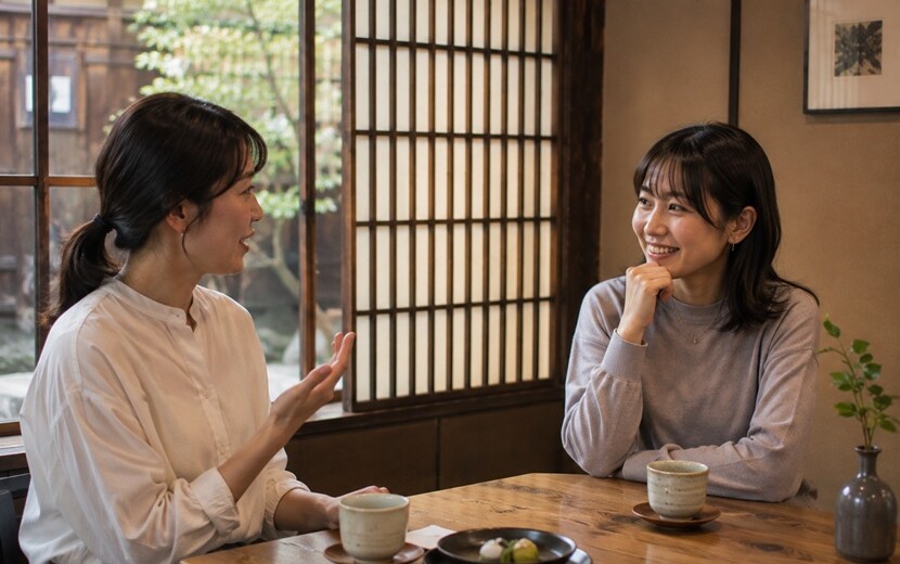 標準語を京都弁に変換して会話する女性のイメージ