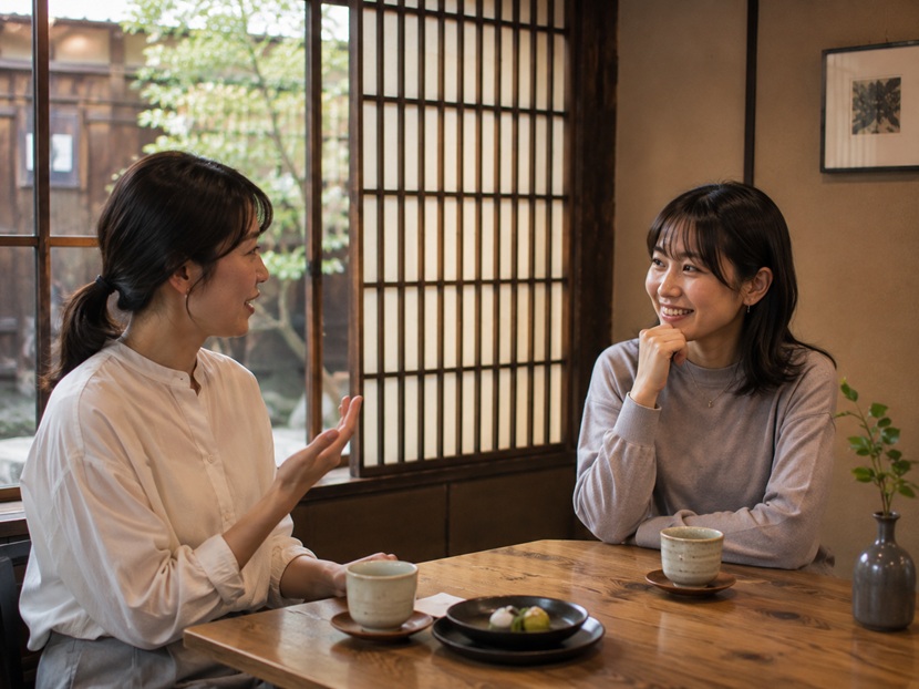標準語を京都弁に変換して会話する女性のイメージ