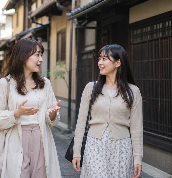 京都の町並みでかわいい京都弁を話す女性二人