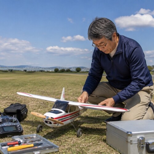 飛び方を確認しながらラジコン飛行機を調整して試行錯誤する男性