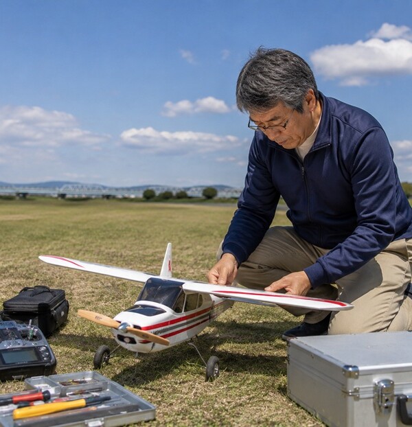 飛び方を確認しながらラジコン飛行機を調整して試行錯誤する男性
