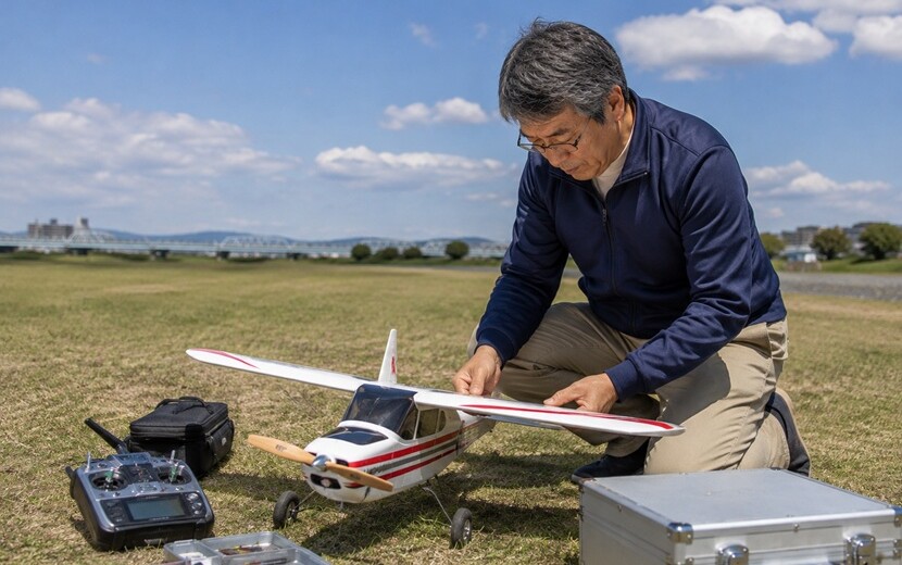 飛び方を確認しながらラジコン飛行機を調整して試行錯誤する男性